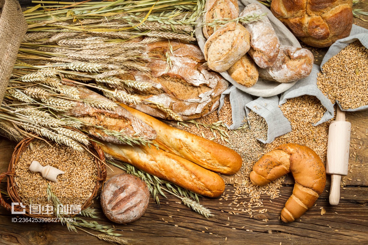 Various kinds of fresh baked bread with grain